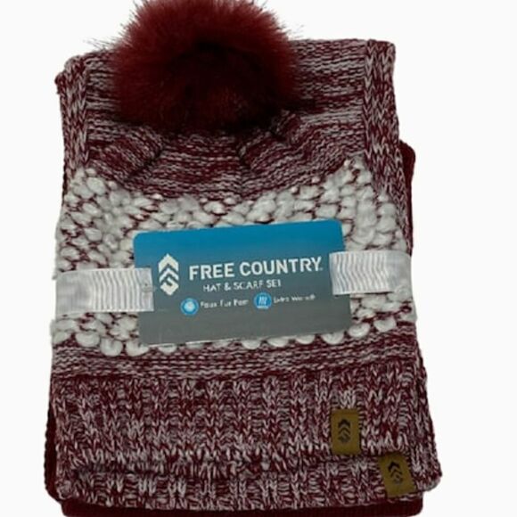 𝅺Knit Hat and Scarf Set Burgundy White New 2 Piece Set Pom Pom Hat - Picture 1 of 5